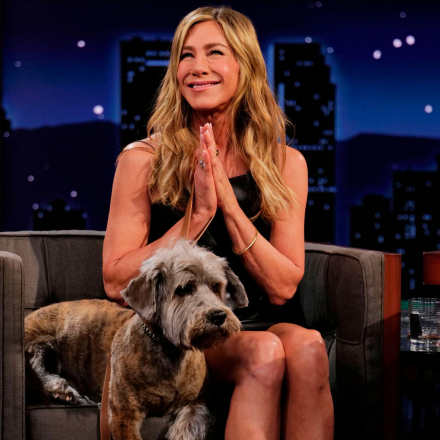 Jennifer Aniston Appears on Morning Show in Leather Mini with Adorable Dog!